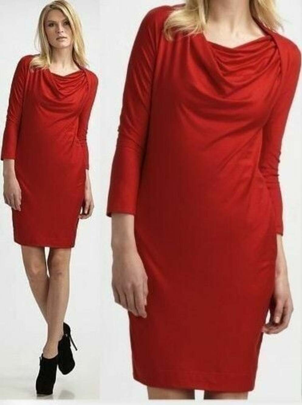 DKNY NWT Cherry Red Draped Cowl Neck 3/4 Sleeve Sheath Dress